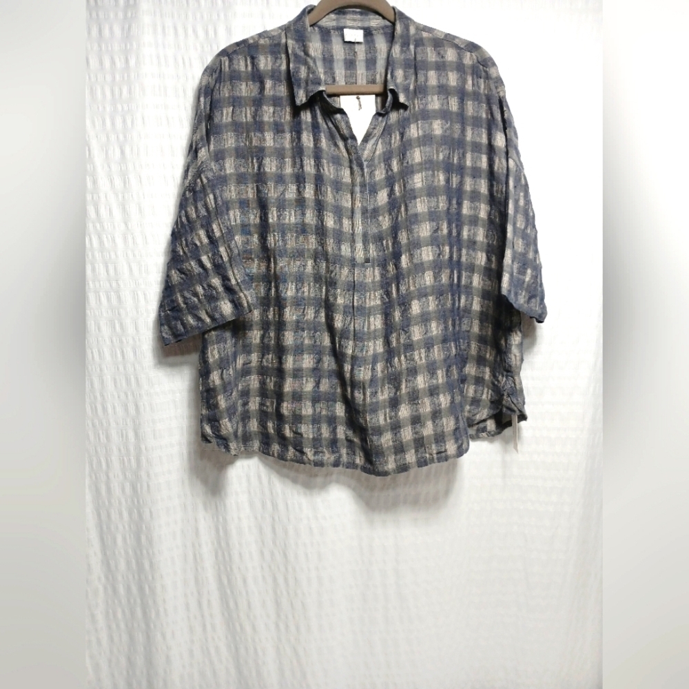 Poetry Plaid Boxy Relaxed Fit Pull On Linen/Cotton Top. Ladies Size 14